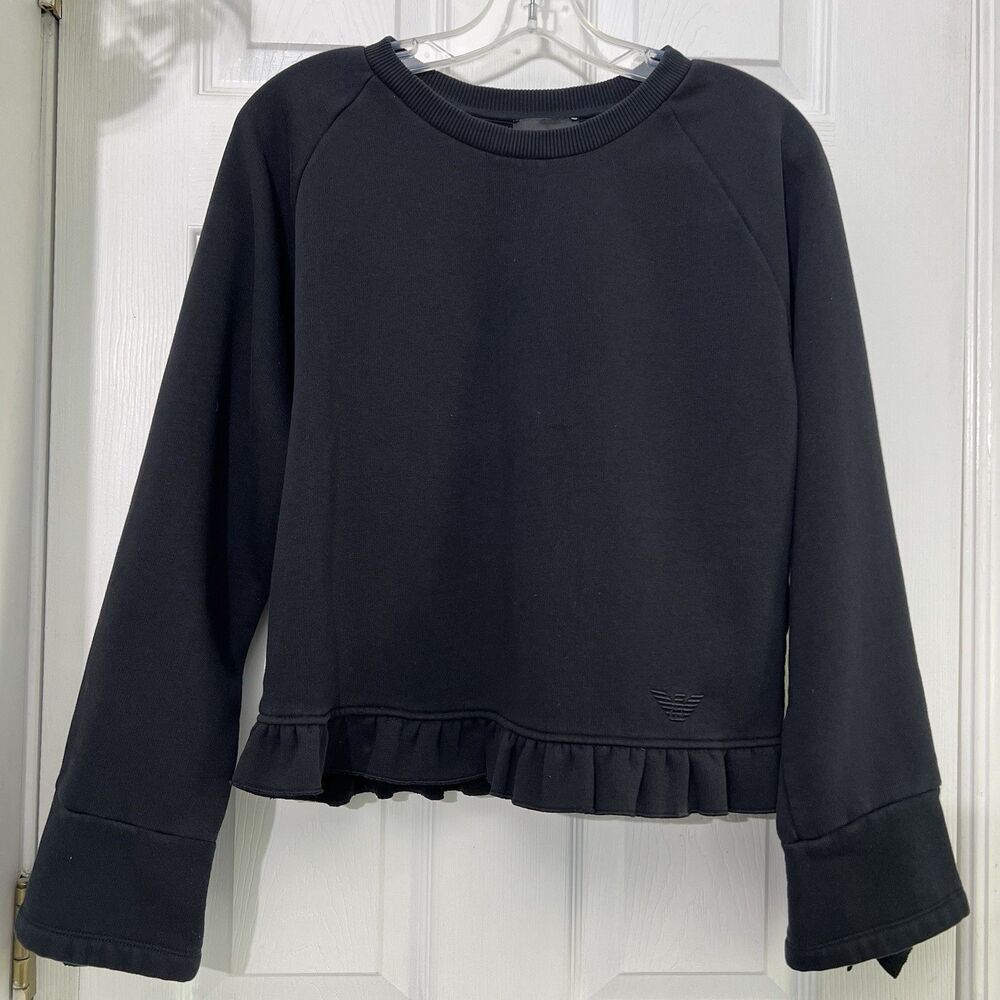 Emporio Armani Women’s Small Black Peplum Ruffle Hem Sweatshirt Logo